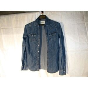 Arizona Jeans Denim Shirt, Sz Small, long sleeve, pearl snaps 16” P2P length 23”